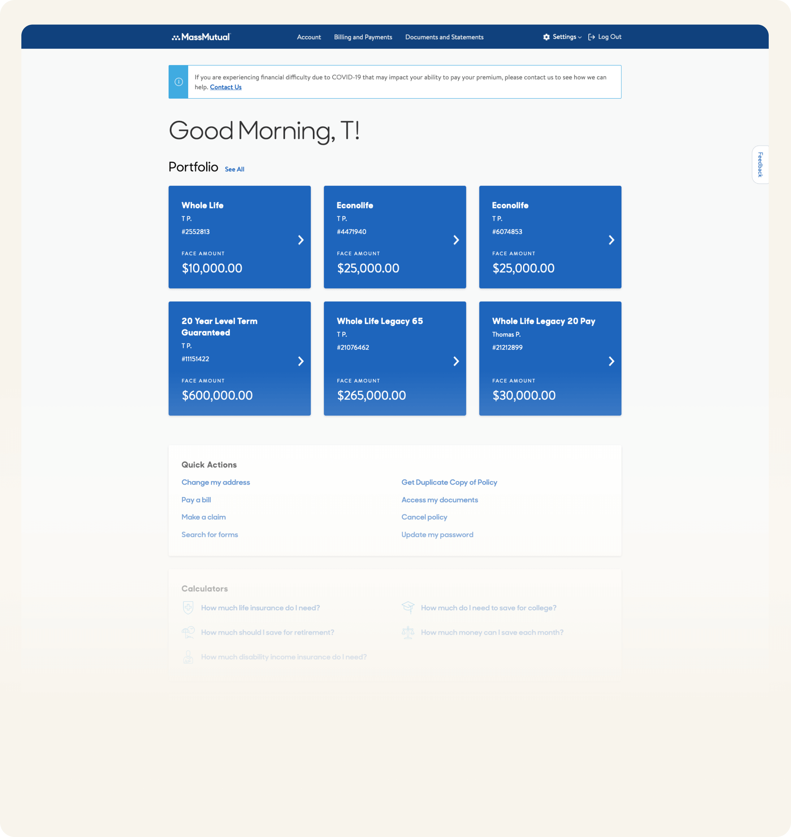 Existing MassMutual dashboard before redesign