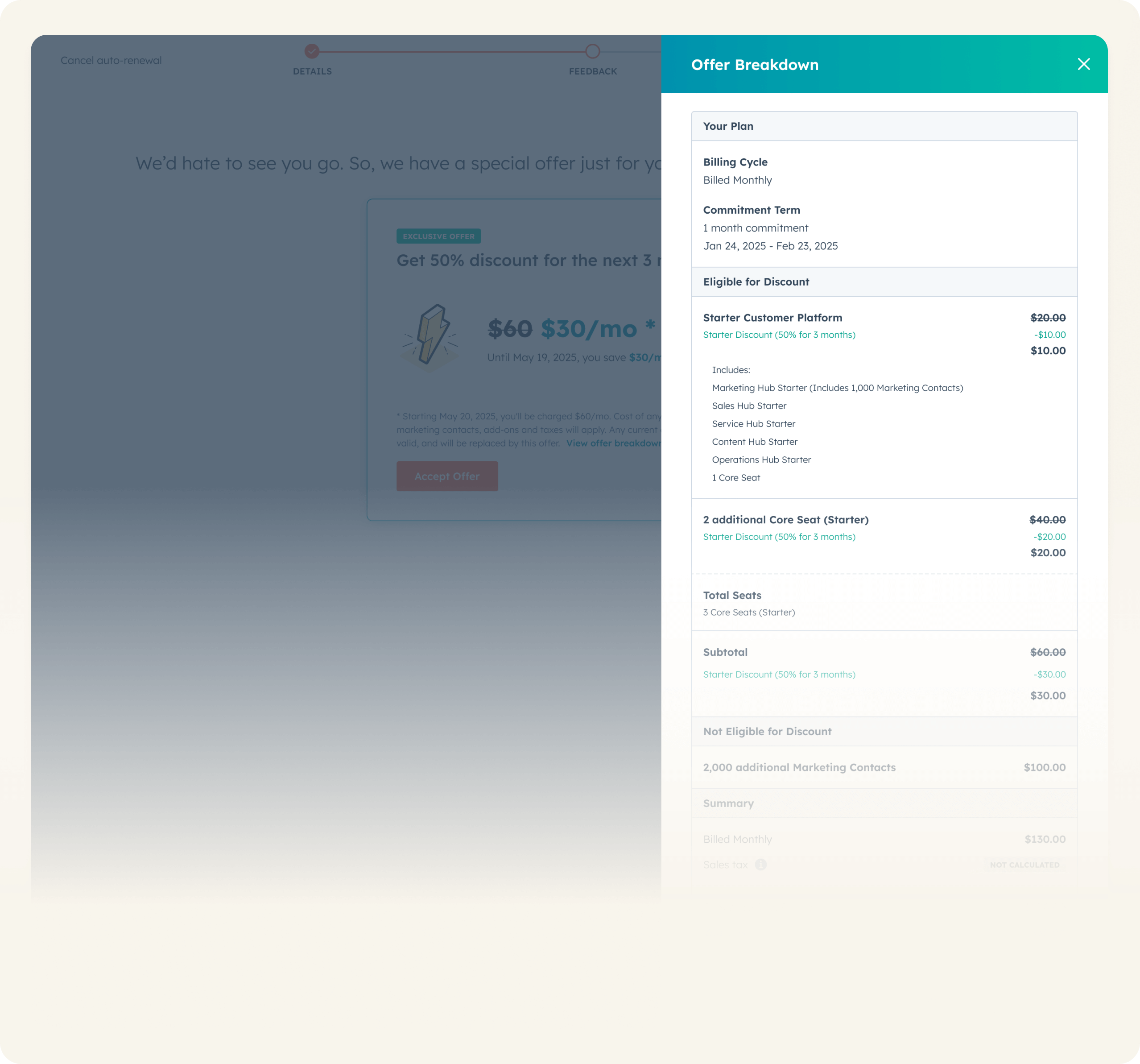 Mini-checkout experience showing the applied retention discount