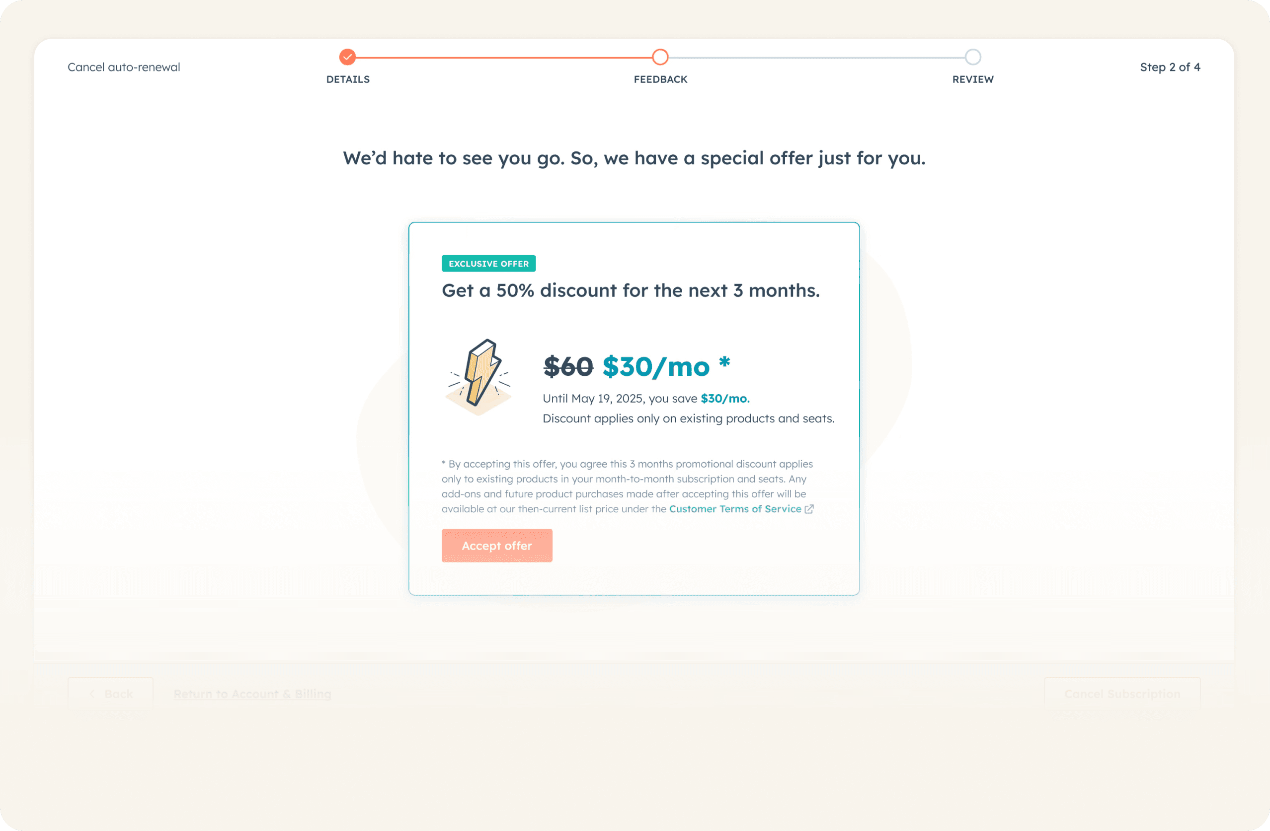 HubSpot retention intervention discount panel at cancellation